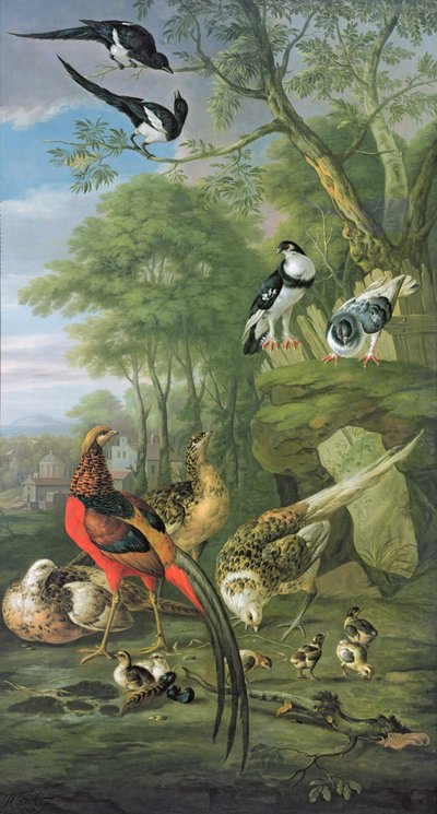 Faisan mâle, faisane et poussins et autres oiseaux dans un paysage classique - Pieter Casteels